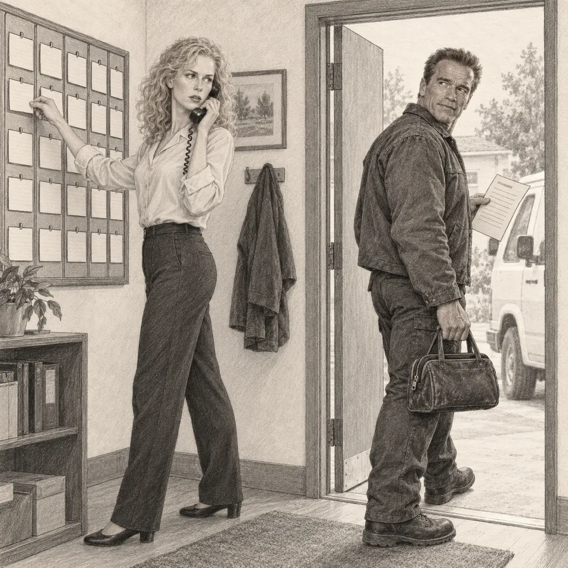 A coordinator updates the wall schedule while taking a call; a technician leaving through the doorway turns back with an earlier job sheet and a tool bag.
