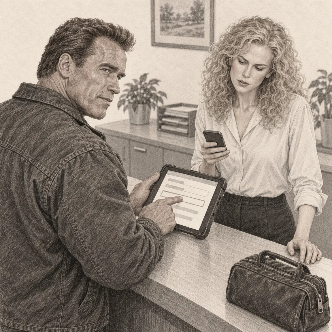 At the dispatch counter, a technician points to an empty field on a tablet while the coordinator consults the customer message on her phone.