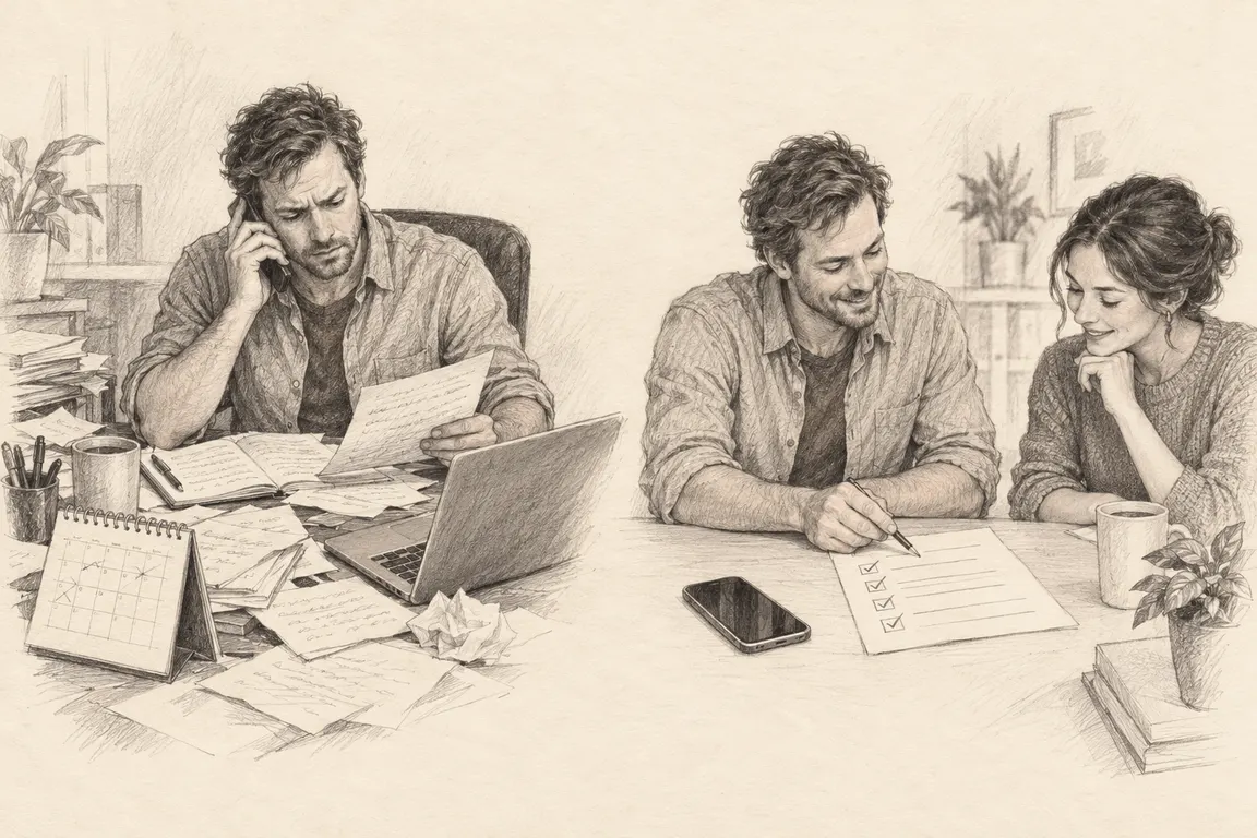 An agency owner handles customer setup through scattered notes and calls, then reviews a shared onboarding checklist with a customer.