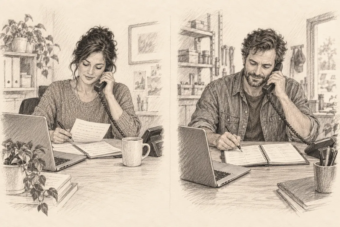 Two small-business owners work in separate customer workspaces, each with their own call notes, settings and records.
