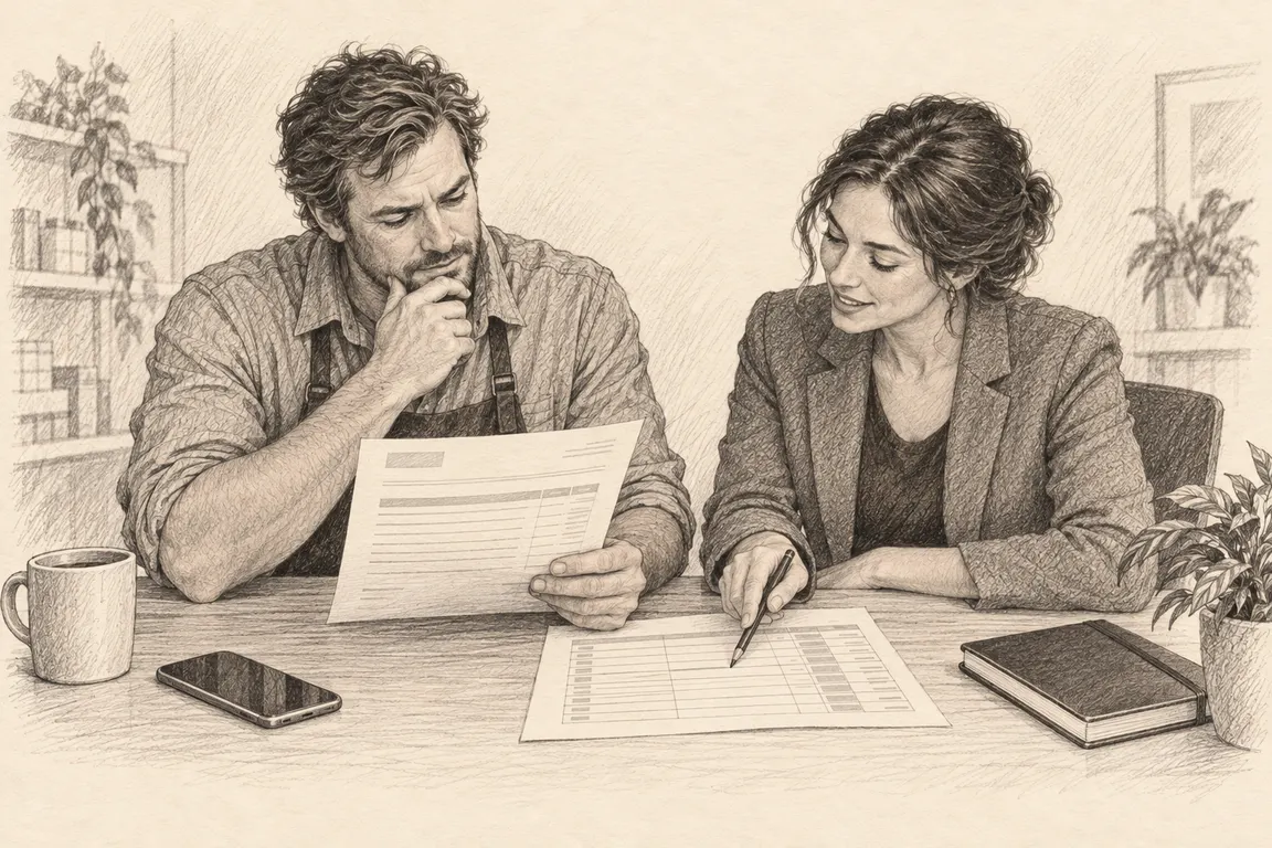 A business owner and service consultant connect an invoice item to a recorded call and the agreed usage calculation.