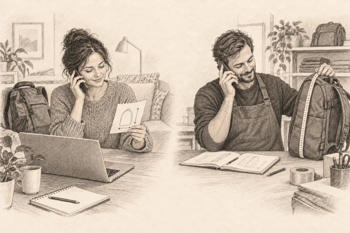 A shopper calls the store while an employee checks the backpack measurement and product notes.